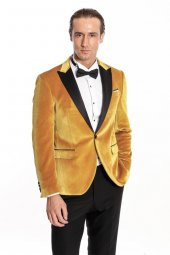 Kadife Slim Fit Sarı Erkek Smokin Ceket - 1