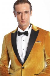Kadife Slim Fit Sarı Erkek Smokin Ceket - 2