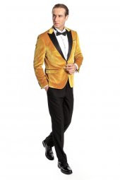 Kadife Slim Fit Sarı Erkek Smokin Ceket - 3