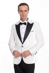 Kadife Slim Fit Beyaz Erkek Smokin Ceketi - 3