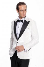Kadife Slim Fit Beyaz Erkek Smokin Ceketi - 6