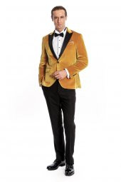 Kadife Slim Fit Sarı Erkek Smokin Ceket - 5