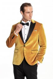 Kadife Slim Fit Sarı Erkek Smokin Ceket - 6