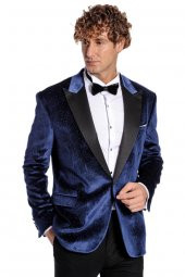 Simli Slim Fit Kadife Lacivert Erkek Smokin Ceket - 3