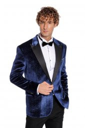 Simli Slim Fit Kadife Lacivert Erkek Smokin Ceket - 7