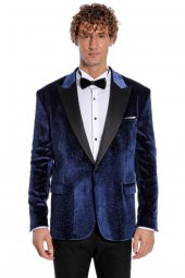 Simli Slim Fit Kadife Lacivert Erkek Smokin Ceket - 8