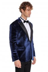 Simli Slim Fit Kadife Lacivert Erkek Smokin Ceket - 9