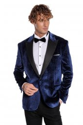 Simli Slim Fit Kadife Lacivert Erkek Smokin Ceket - 4