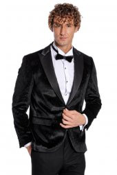 Simli Slim Fit Kadife Siyah Erkek Smokin Ceket - 4