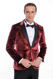 Kadife Slim Fit Bordo Erkek Smokin Ceket - 2