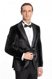 Kadife Slim Fit Siyah Erkek Smokin Ceket - 1