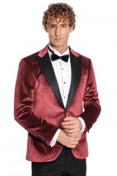 Simli Slim Fit Kadife Bordo Erkek Smokin Ceket - 6