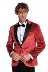 Simli Slim Fit Kadife Kırmızı Erkek Smokin Ceket - 1