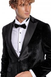Simli Slim Fit Kadife Siyah Erkek Smokin Ceket - 1