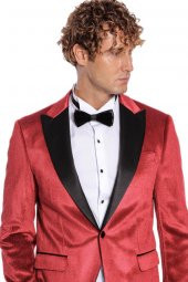 Simli Slim Fit Kadife Kırmızı Erkek Smokin Ceket - 2