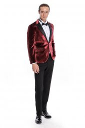 Kadife Slim Fit Bordo Erkek Smokin Ceket - 3