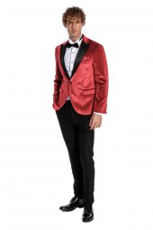 Simli Slim Fit Kadife Kırmızı Erkek Smokin Ceket - 3