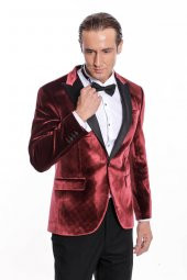 Kadife Slim Fit Bordo Erkek Smokin Ceket - 4