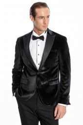 Kadife Slim Fit Siyah Erkek Smokin Ceket - 4