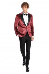 Simli Slim Fit Kadife Bordo Erkek Smokin Ceket - 1