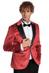 Simli Slim Fit Kadife Kırmızı Erkek Smokin Ceket - 4