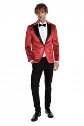 Simli Slim Fit Kadife Kırmızı Erkek Smokin Ceket - 5