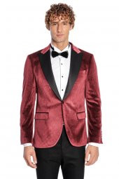 Simli Slim Fit Kadife Bordo Erkek Smokin Ceket - 3