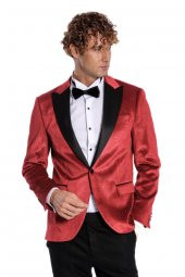 Simli Slim Fit Kadife Kırmızı Erkek Smokin Ceket - 6