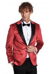 Simli Slim Fit Kadife Kırmızı Erkek Smokin Ceket - 7