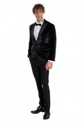 Simli Slim Fit Kadife Siyah Erkek Smokin Ceket - 2
