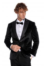 Simli Slim Fit Kadife Siyah Erkek Smokin Ceket - 5
