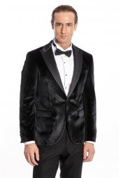 Kadife Slim Fit Siyah Erkek Smokin Ceket - 7