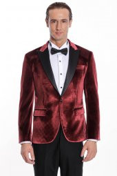 Kadife Slim Fit Bordo Erkek Smokin Ceket - 7