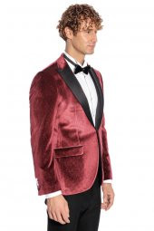 Simli Slim Fit Kadife Bordo Erkek Smokin Ceket - 4