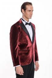 Kadife Slim Fit Bordo Erkek Smokin Ceket - 8