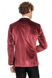 Simli Slim Fit Kadife Bordo Erkek Smokin Ceket - 5