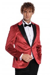 Simli Slim Fit Kadife Kırmızı Erkek Smokin Ceket - 8