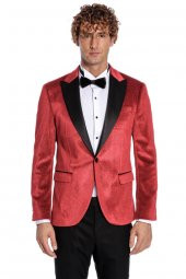 Simli Slim Fit Kadife Kırmızı Erkek Smokin Ceket - 9