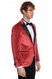 Simli Slim Fit Kadife Kırmızı Erkek Smokin Ceket - 10