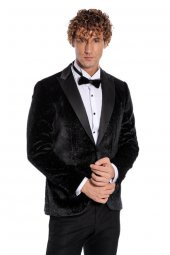Simli Slim Fit Kadife Siyah Erkek Smokin Ceket - 3