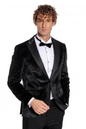 Simli Slim Fit Kadife Siyah Erkek Smokin Ceket - 6