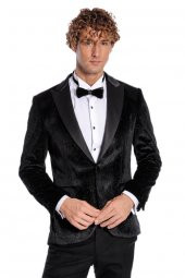 Simli Slim Fit Kadife Siyah Erkek Smokin Ceket - 7