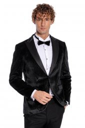 Simli Slim Fit Kadife Siyah Erkek Smokin Ceket - 8