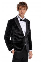 Simli Slim Fit Kadife Siyah Erkek Smokin Ceket - 9