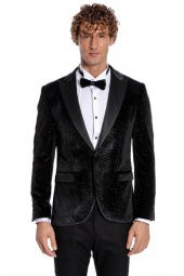 Simli Slim Fit Kadife Siyah Erkek Smokin Ceket - 10