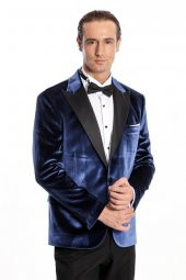 Kadife Slim Fit Mavi Erkek Smokin Ceket - 1