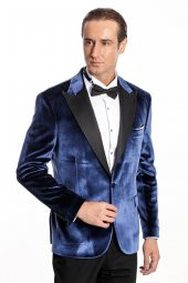 Kadife Slim Fit Mavi Erkek Smokin Ceket - 3
