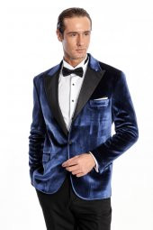 Kadife Slim Fit Mavi Erkek Smokin Ceket - 4