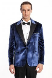 Kadife Slim Fit Mavi Erkek Smokin Ceket - 7