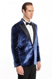 Kadife Slim Fit Mavi Erkek Smokin Ceket - 8